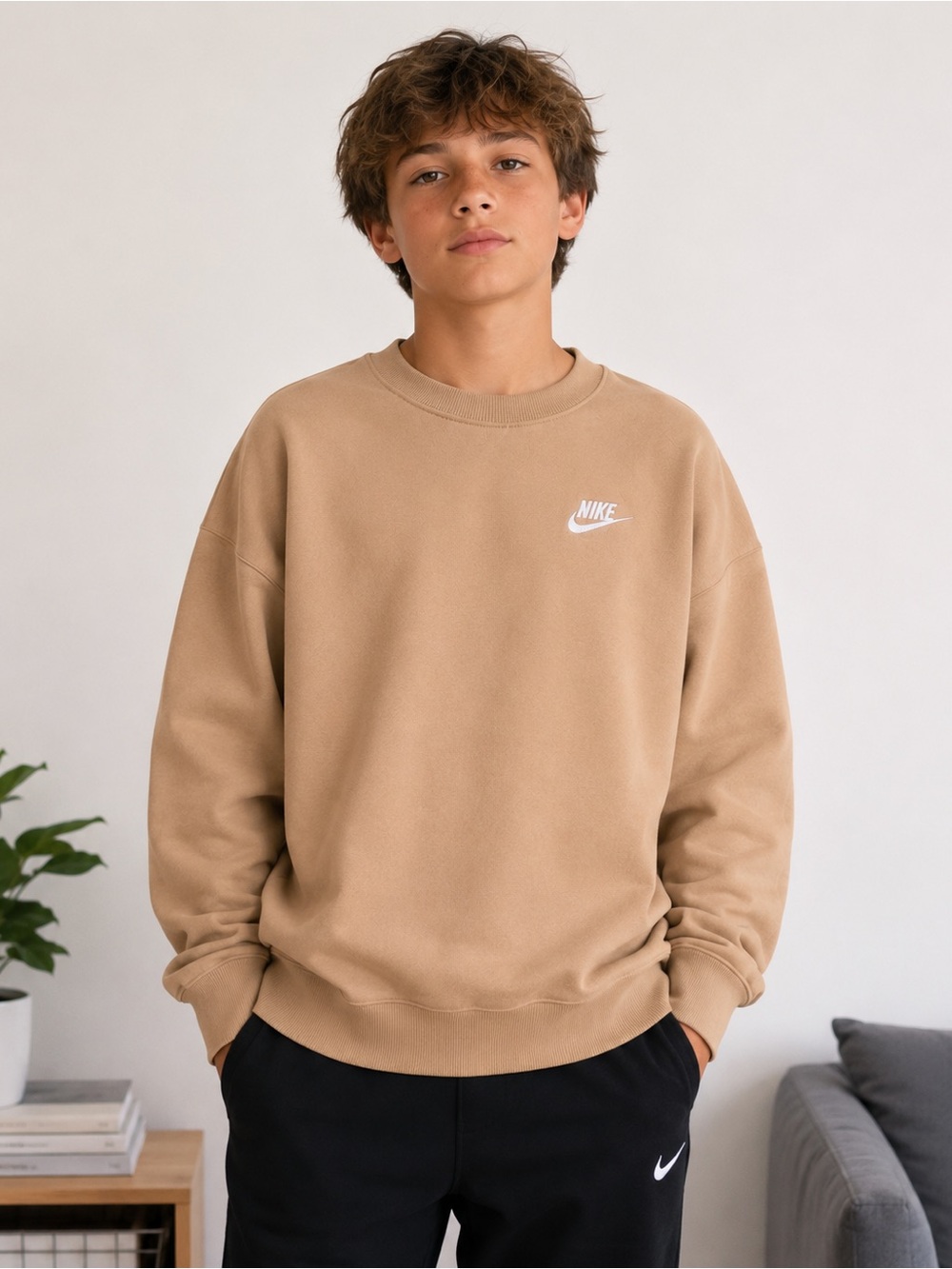 Nike Sportswear Oversized Crewneck Sweatshirt- Youth Large -Tan/Beige- NWT